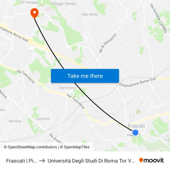 Frascati | Piazza Roma to Università Degli Studi Di Roma Tor Vergata - Facoltà Di Ingegneria map