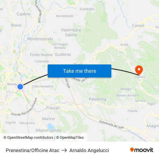 Prenestina/Officine Atac to Arnaldo Angelucci map