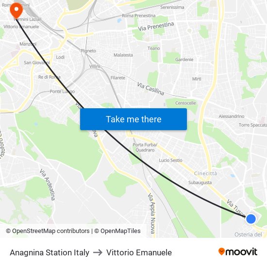 Anagnina Station Italy to Vittorio Emanuele map