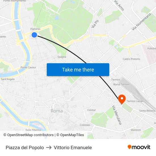 Piazza del Popolo to Vittorio Emanuele map