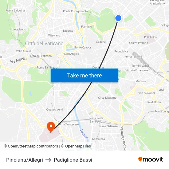 Pinciana/Allegri to Padiglione Bassi map