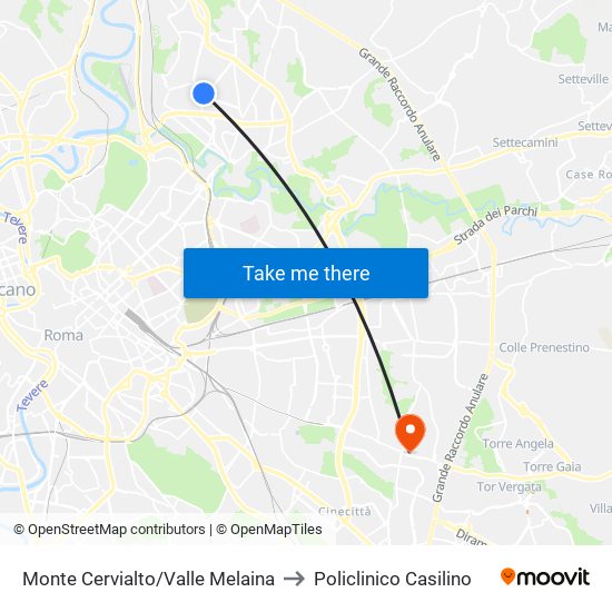 Monte Cervialto/Valle Melaina to Policlinico Casilino map