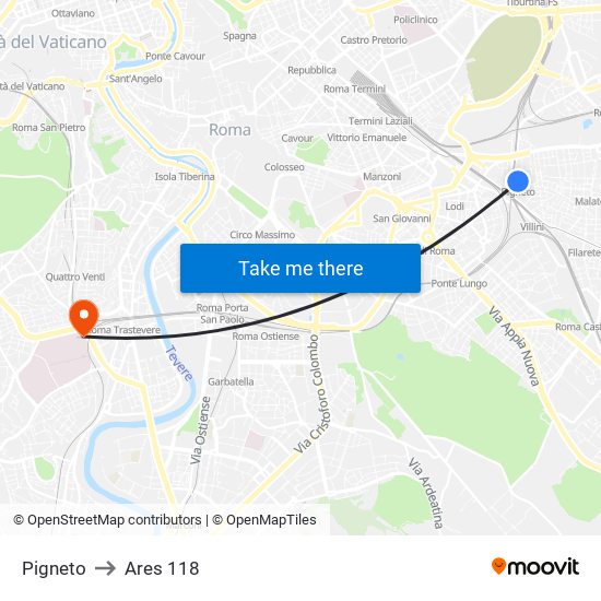 Pigneto to Ares 118 map
