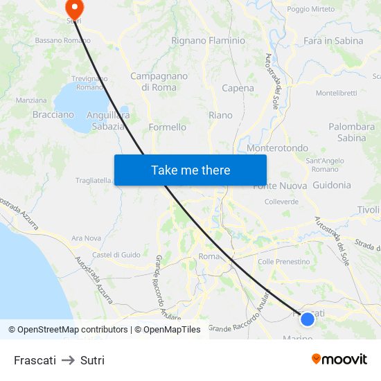 Frascati to Sutri map