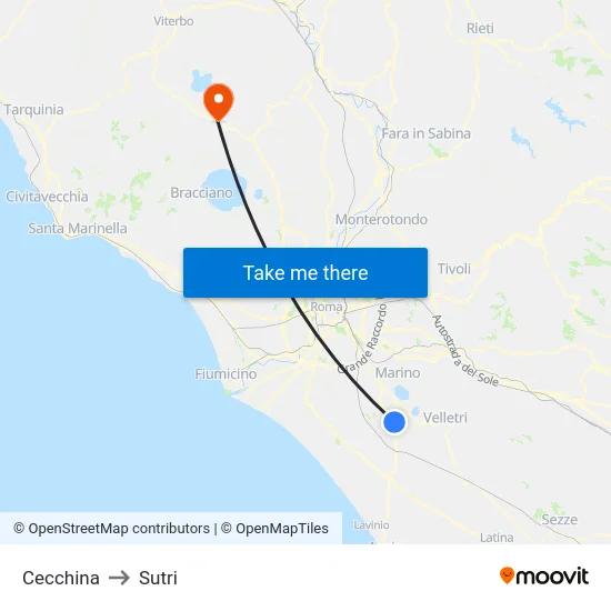 Cecchina to Sutri map