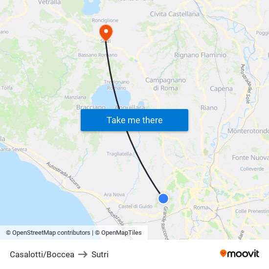 Casalotti/Boccea to Sutri map