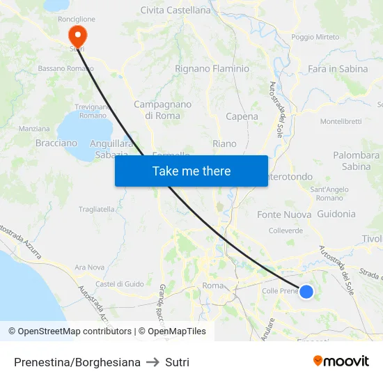 Prenestina/Borghesiana to Sutri map