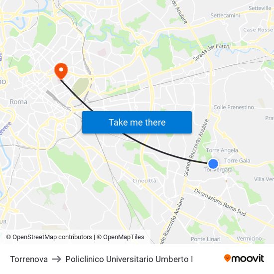 Torrenova to Policlinico Universitario Umberto I map