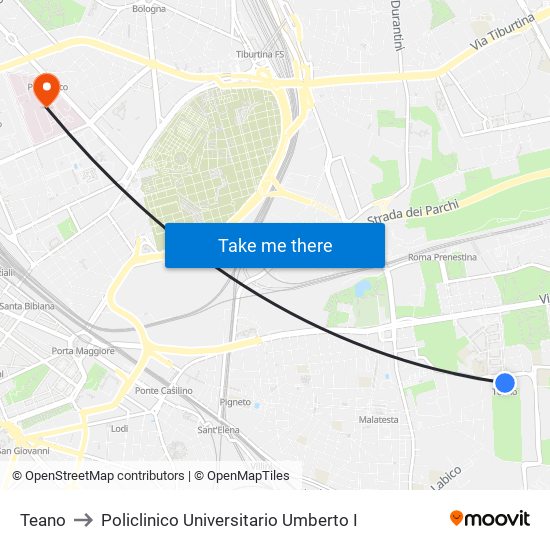 Teano to Policlinico Universitario Umberto I map