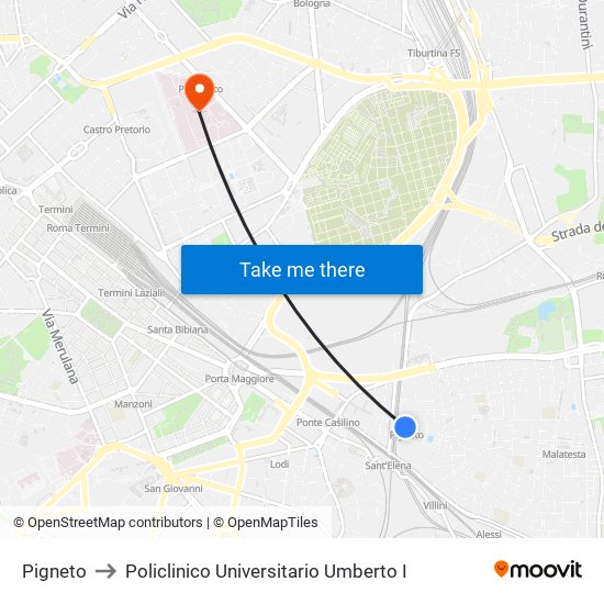Pigneto to Policlinico Universitario Umberto I map