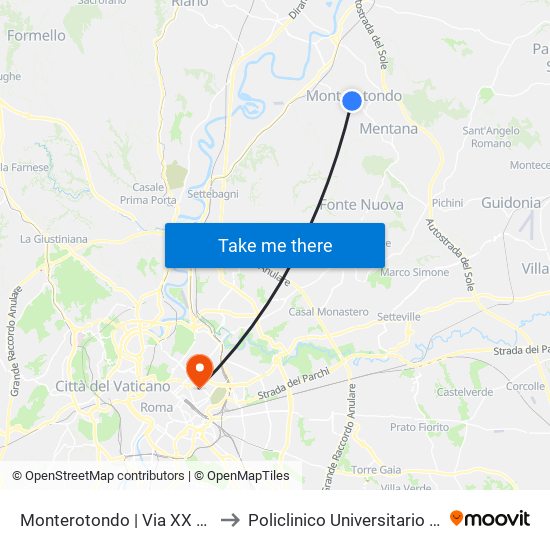 Monterotondo | Via XX Settembre to Policlinico Universitario Umberto I map