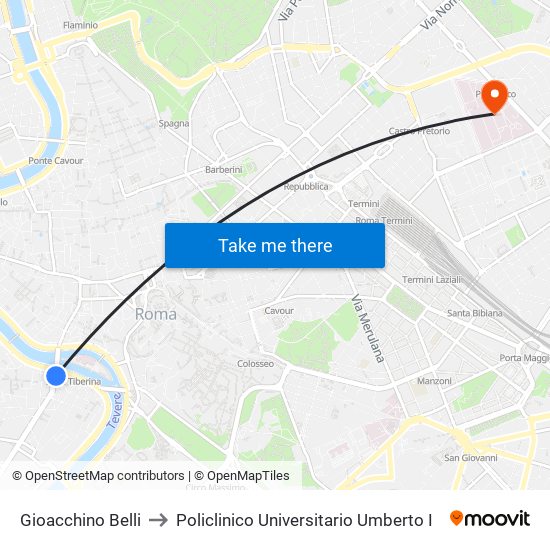 Gioacchino Belli to Policlinico Universitario Umberto I map