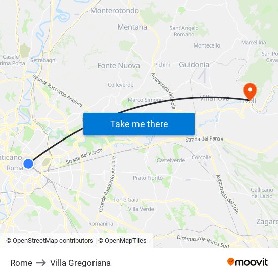 Rome to Villa Gregoriana map