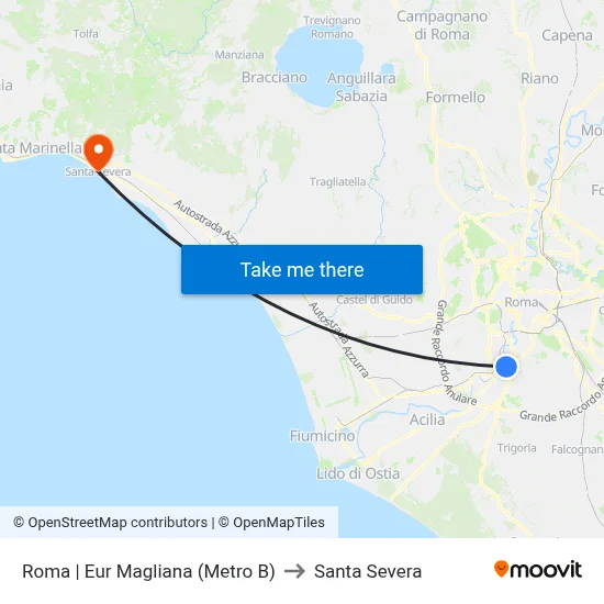 Rome | Eur Magliana (Metro B) to Santa Severa map