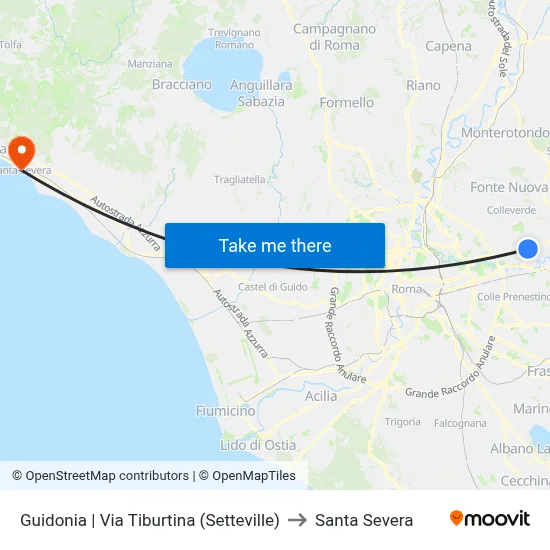 Guidonia - Via Tiburtina (Setteville) to Santa Severa map
