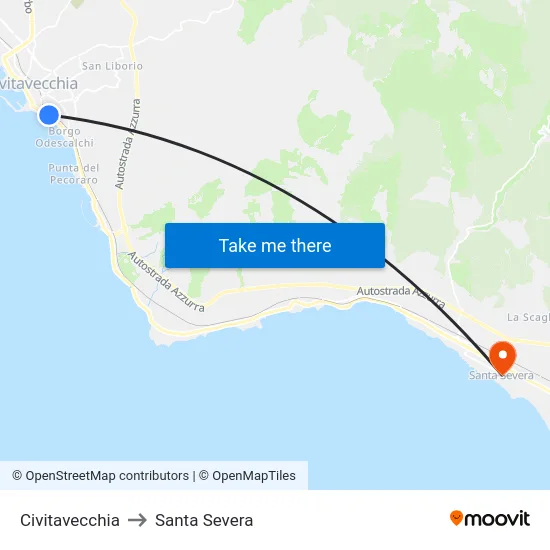 Civitavecchia to Santa Severa map