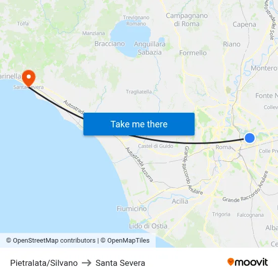 Pietralata/Silvano to Santa Severa map