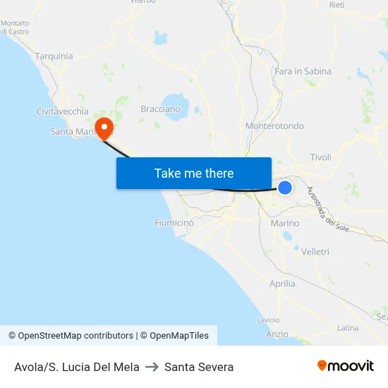 Avola/S. Lucia Del Mela to Santa Severa map