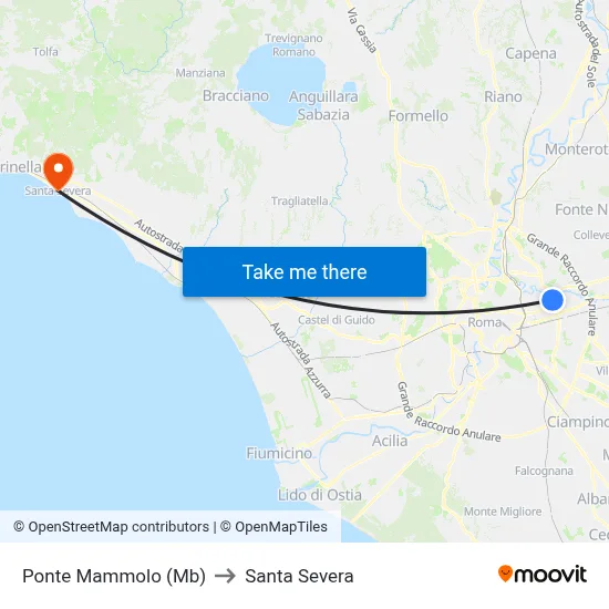 Ponte Mammolo (Metro B) to Santa Severa map
