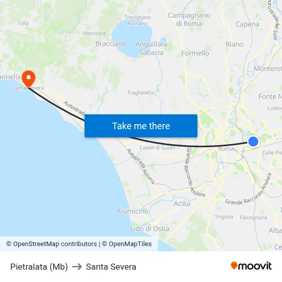 Pietralata (Metro B) to Santa Severa map