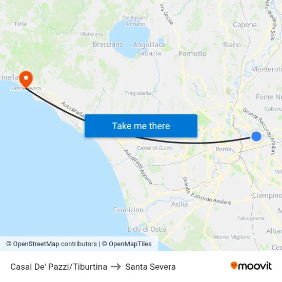 Casal De' Pazzi/Tiburtina to Santa Severa map