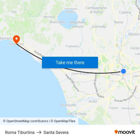 Roma Tiburtina to Santa Severa map