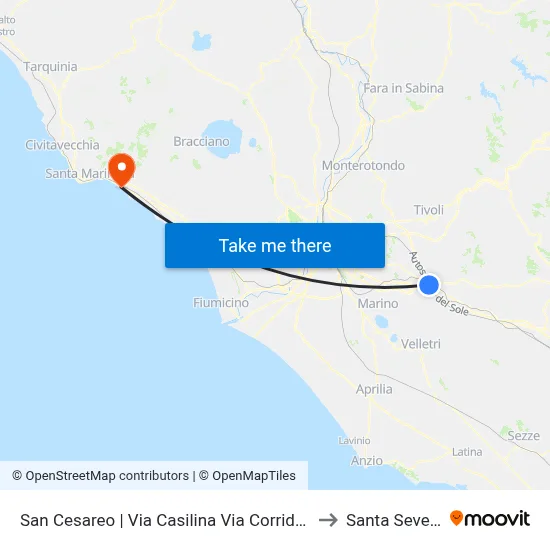 San Cesareo via Casilina via Corridoni to Santa Severa map
