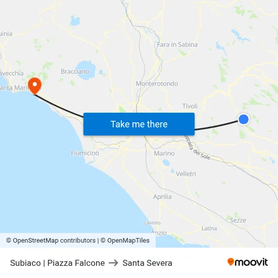 Subiaco Piazza Falcone to Santa Severa map