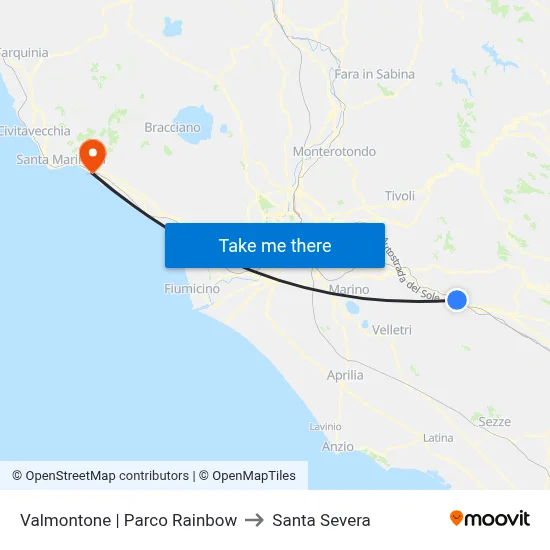 Valmontone Rainbow Park to Santa Severa map