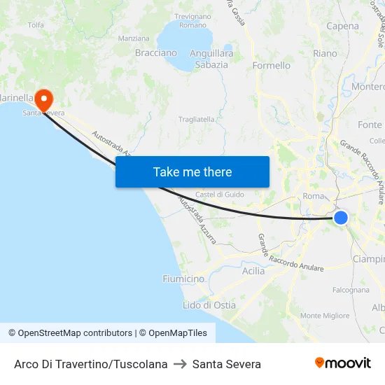 Travertine Arch/Tuscolana to Santa Severa map