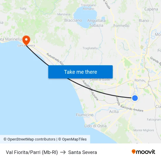 Val Fiorita/Parri (Metro-Rail) to Santa Severa map