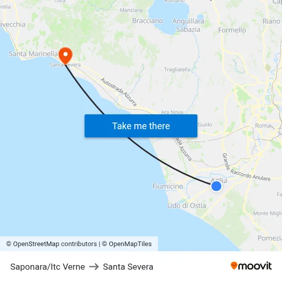 Saponara/Itc Verne to Santa Severa map