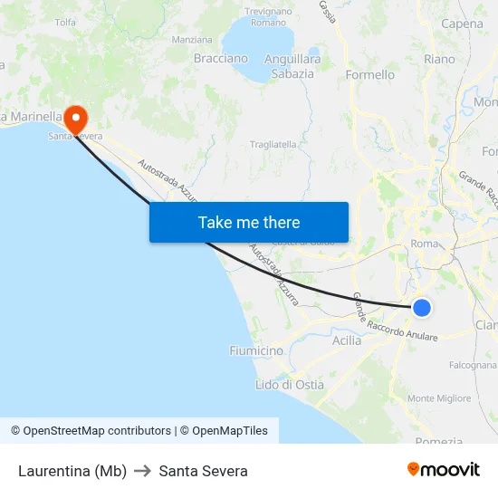 Laurentina (Metro B) to Santa Severa map