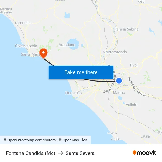 Fontana Candida (Mc) to Santa Severa map