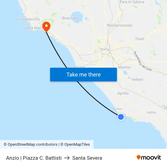 Anzio Piazza C. Battisti to Santa Severa map