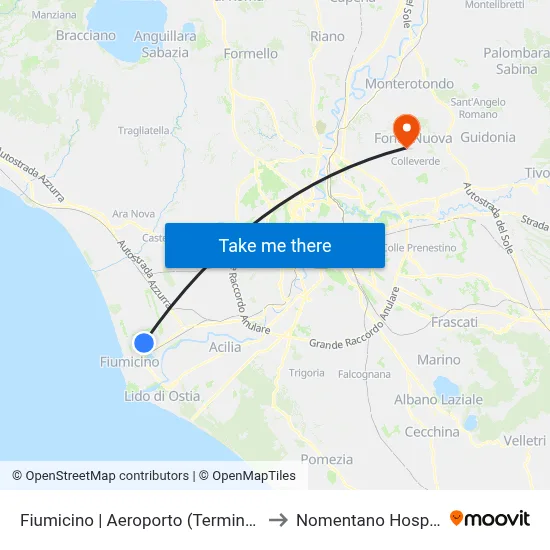 Fiumicino | Aeroporto (Terminal 1) to Nomentano Hospital map