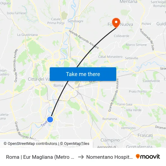 Roma | Eur Magliana (Metro B) to Nomentano Hospital map