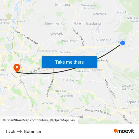 Tivoli to Botanica map