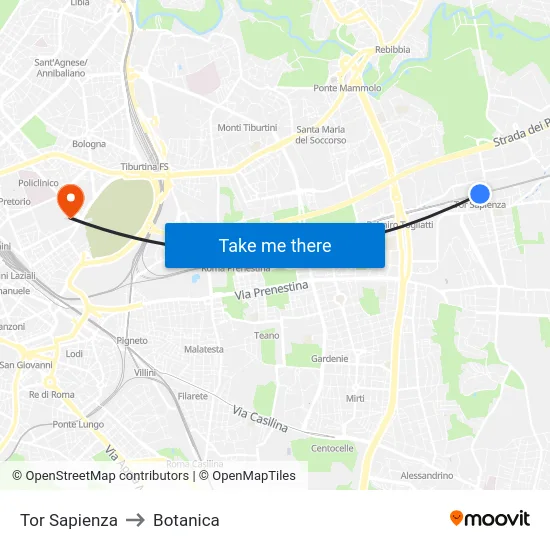 Tor Sapienza to Botanica map