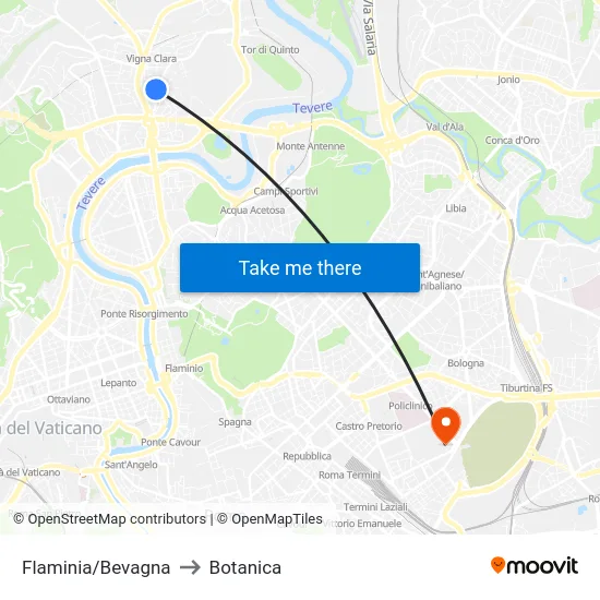 Flaminia/Bevagna to Botanica map