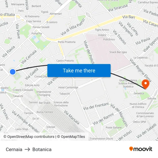 Cernaia to Botanica map
