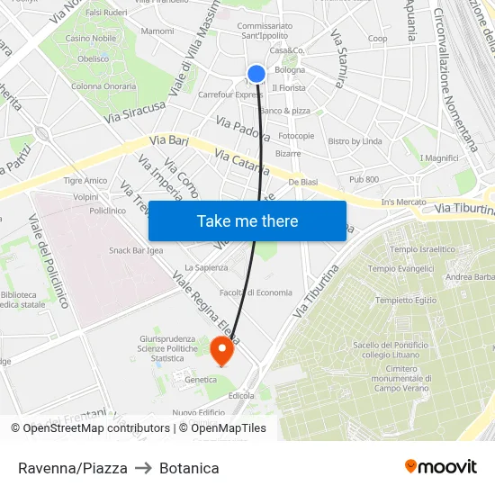 Ravenna/Piazza to Botanica map