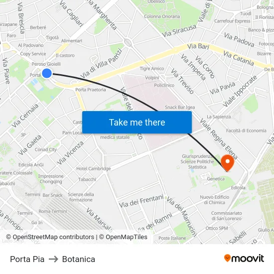 Porta Pia to Botanica map