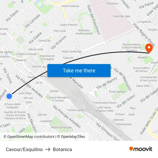 Cavour/Esquilino to Botanica map