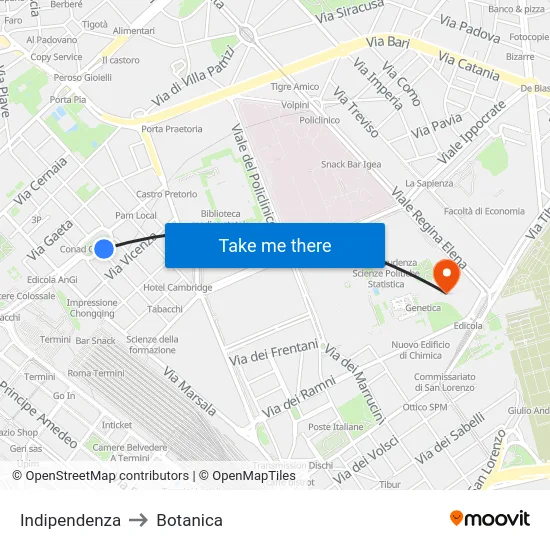 Indipendenza to Botanica map