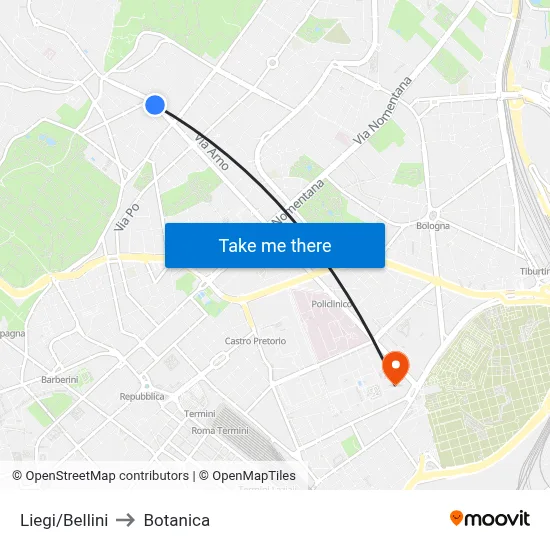 Liegi/Bellini to Botanica map