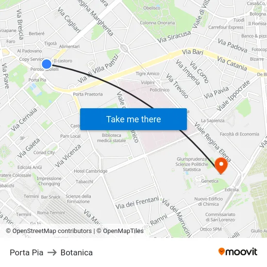 Porta Pia to Botanica map