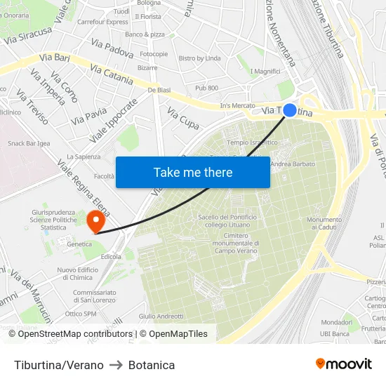 Tiburtina/Verano to Botanica map