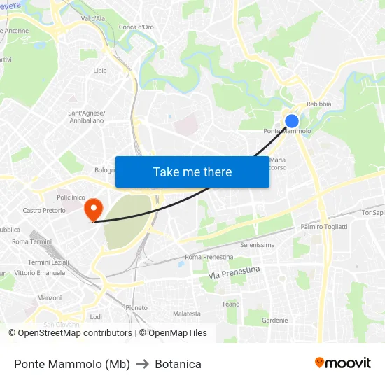 Ponte Mammolo (Mb) to Botanica map