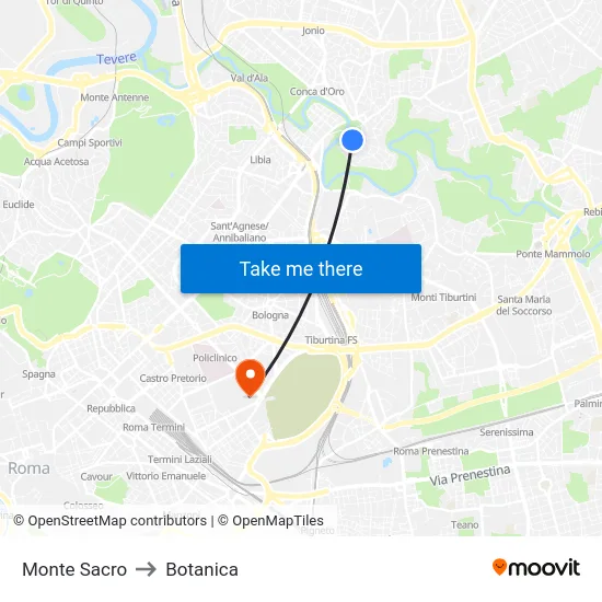 Monte Sacro to Botanica map